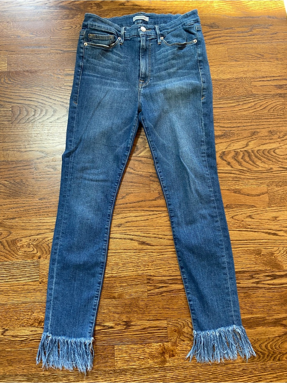 Good American Good Waist Med. Wash High Rise Skinny Fringed Jeans, Size 12/31